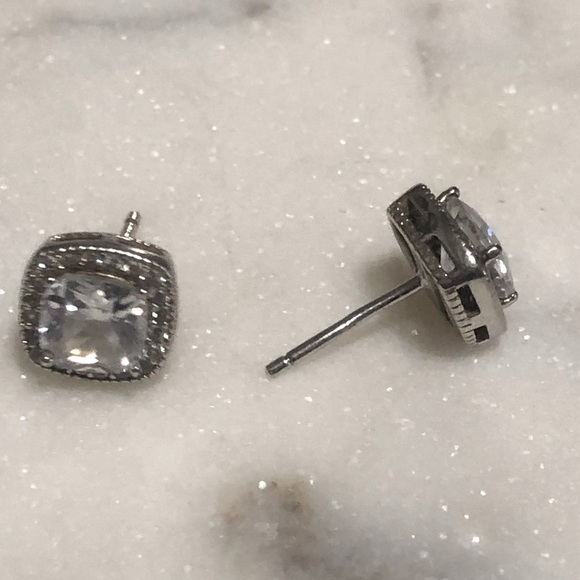 Vtg Sterling Silver Cushion Square Cut CZ w Halo Stud Earrings 9mm x 9mm - Picture 3 of 5